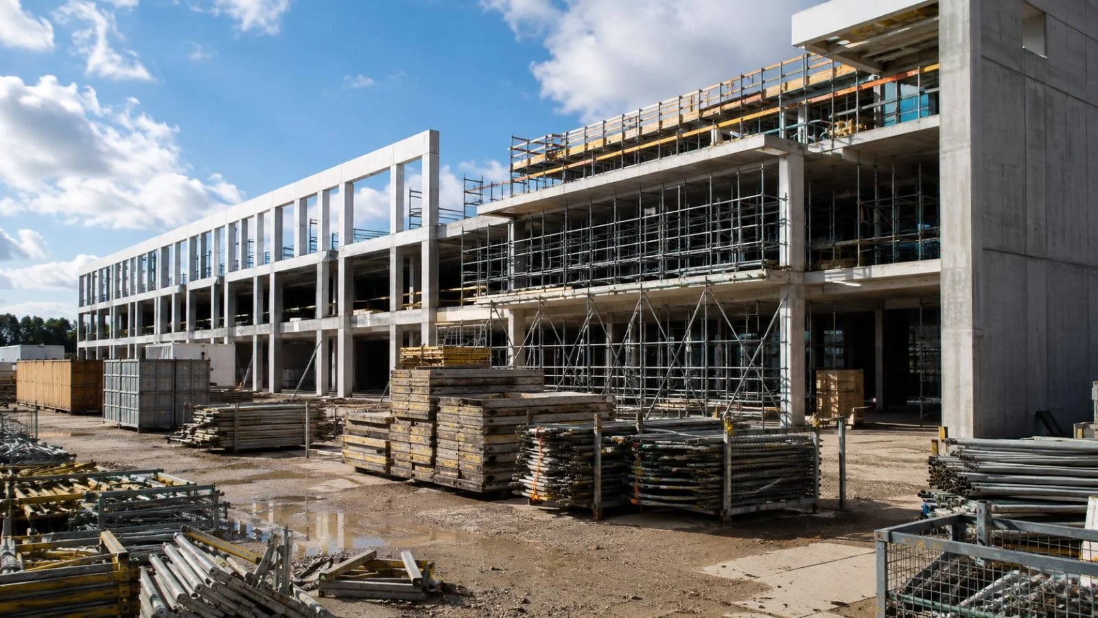Bouwplaats met steigers en materiaal