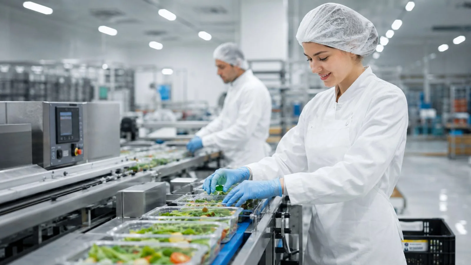 Medewerkers voedselverwerking aan de productielijn