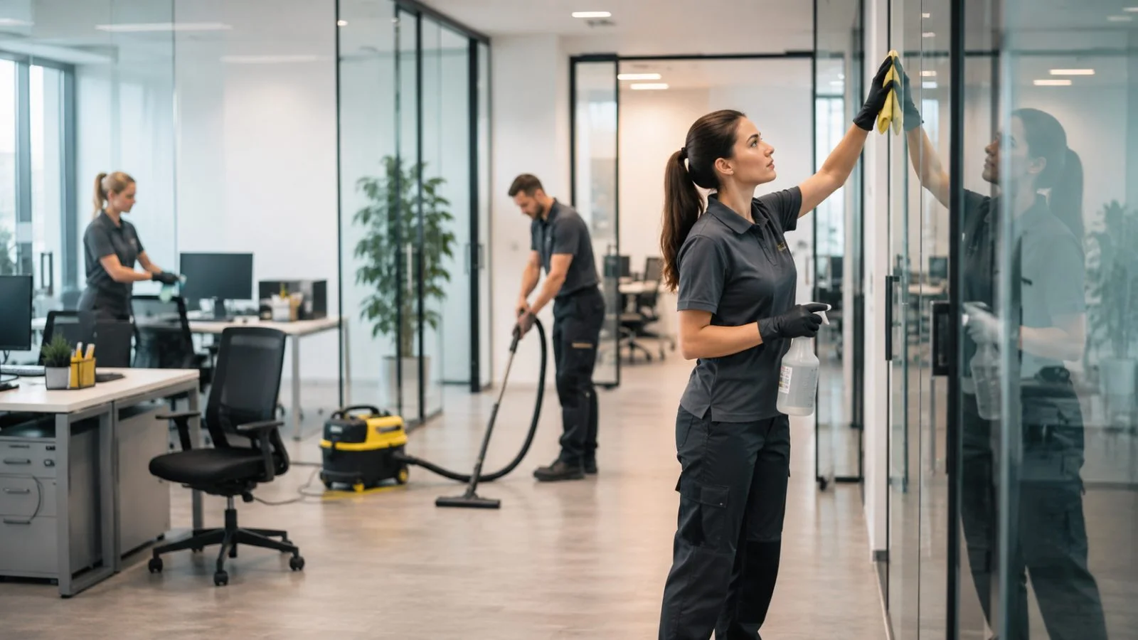 Schoonmaakteam aan het werk in een kantoor